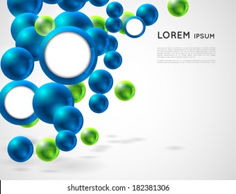 abstract horizontal background with shiny green and blue spheres