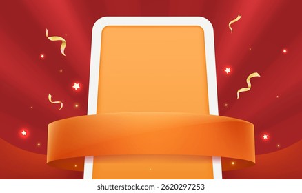 Abstract horizontal background yellow card and ribbon and gold confetti