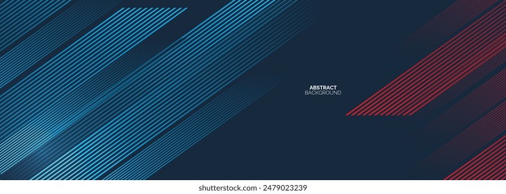 Abstract horizontal banner background with blue and red diagonal lines. Modern stripes. Minimalist trendy geometric lines pattern design.