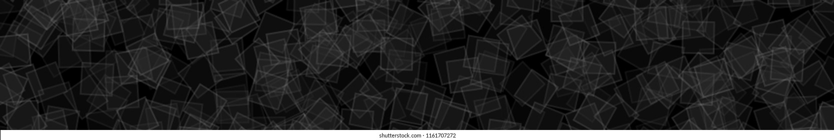 Abstract horizontal banner or background of randomly distributed translucent squares with outlines in black and gray colors.