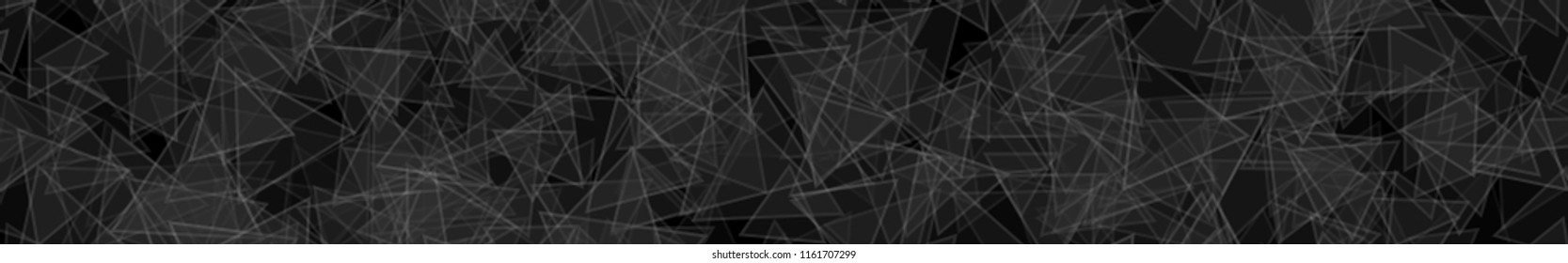 Abstract horizontal banner or background of randomly distributed translucent triangles with outlines in black and gray colors.