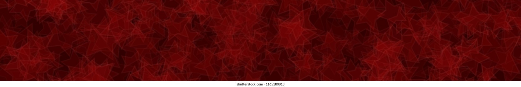 Abstract horizontal banner or background of randomly distributed translucent stars with outlines in red colors.