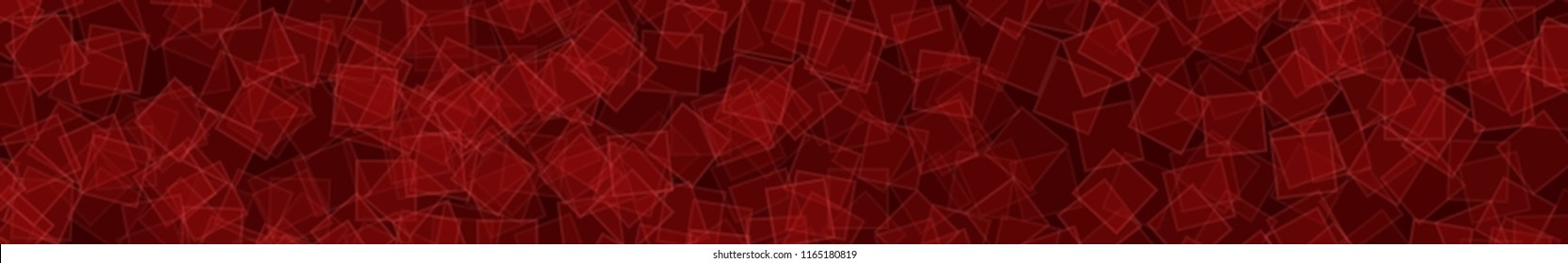 Abstract horizontal banner or background of randomly distributed translucent squares with outlines in red colors.