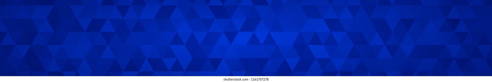 Abstract horizontal banner or background of small triangles in blue colors.