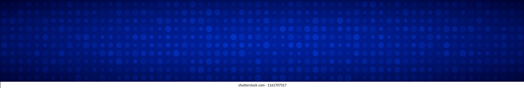 Abstract horizontal banner or background of small circles or pixels of different sizes in blue colors.