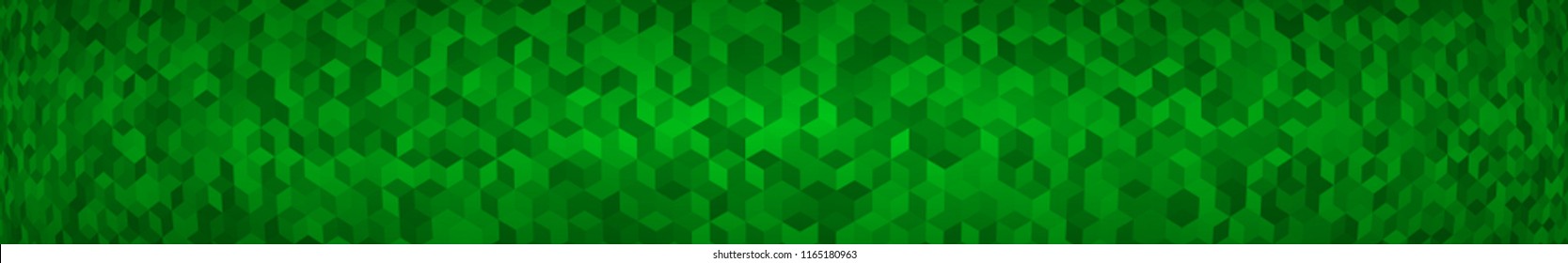 Abstract horizontal banner or background of small isometric cubes in green colors with the fish eye effect.