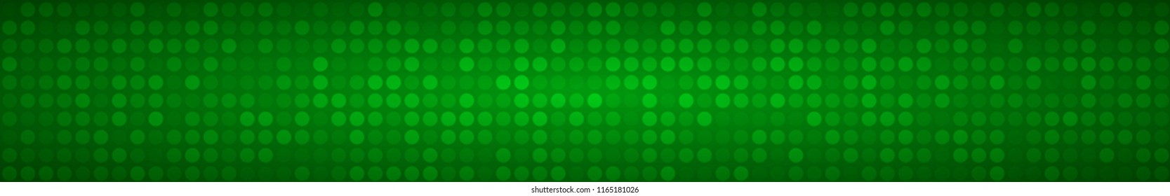 Abstract horizontal banner or background of small circles or pixels in green colors.