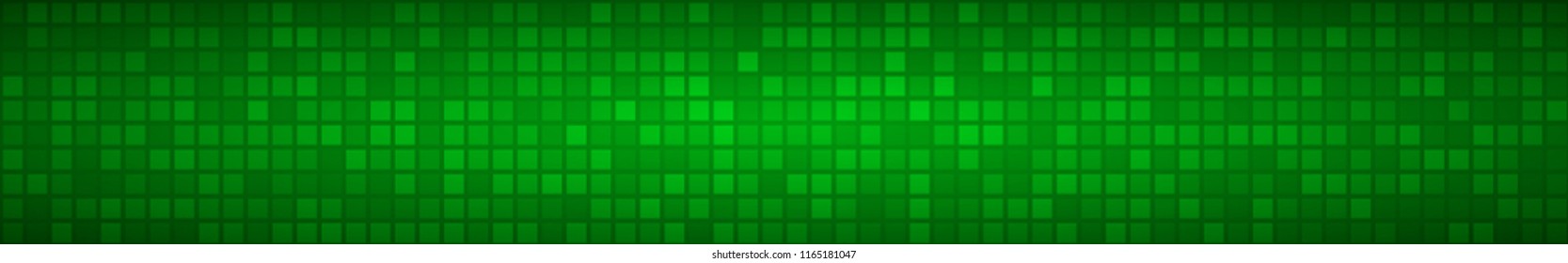 Abstract horizontal banner or background of small squares or pixels in green colors.