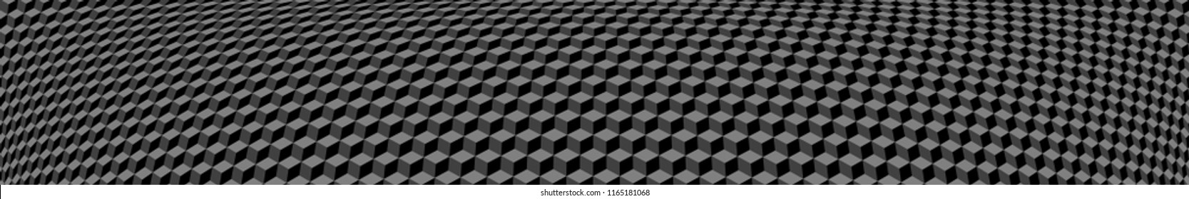 Abstract horizontal banner or background of small isometric cubes in gray colors.