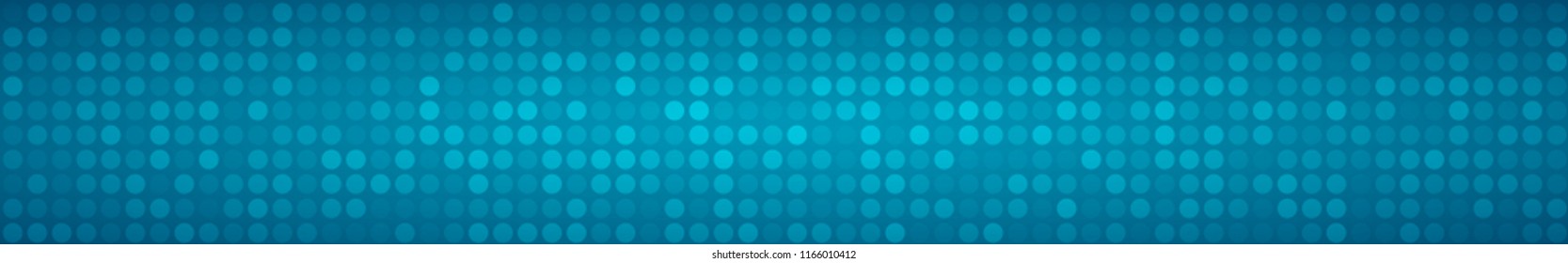 Abstract horizontal banner or background of small circles or pixels in light blue colors.