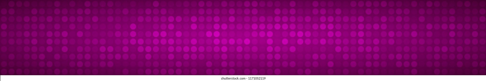 Abstract horizontal banner or background of small circles or pixels in purple colors.