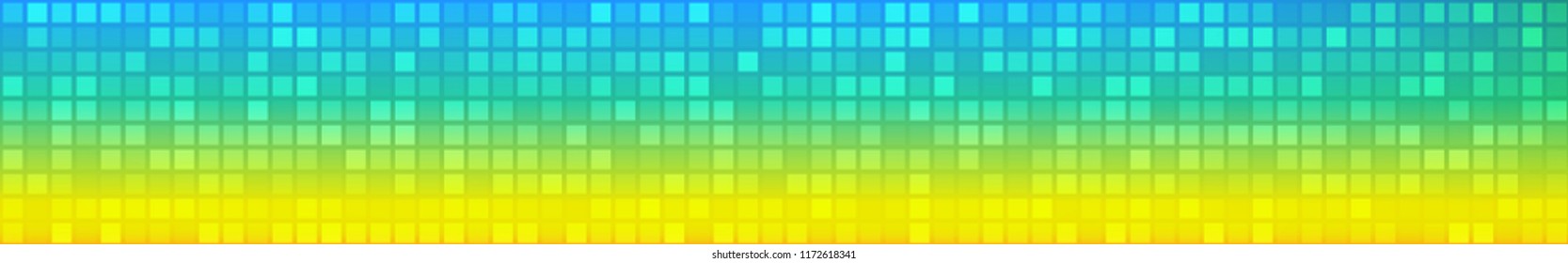 Abstract horizontal banner or background of small squares or pixels in light blue and yellow colors.