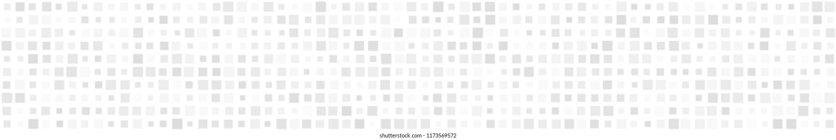 Abstract horizontal banner or background of small squares or pixels of different sizes in white colors.