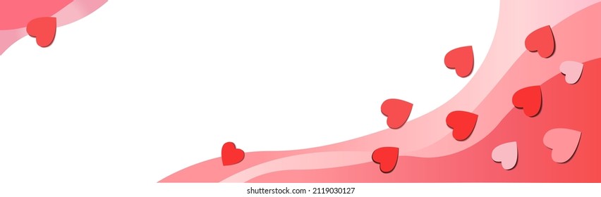 Abstrakter horizontaler Banner, Hintergrund mit schweren Streifen und fliegenden Papierherzen. Für Header, Cover, Broschüre für Valentinstag, Hochzeit, Geburtstag, Mutter-Tag, Jahrestag, Glückwunsch, Verkauf. 
