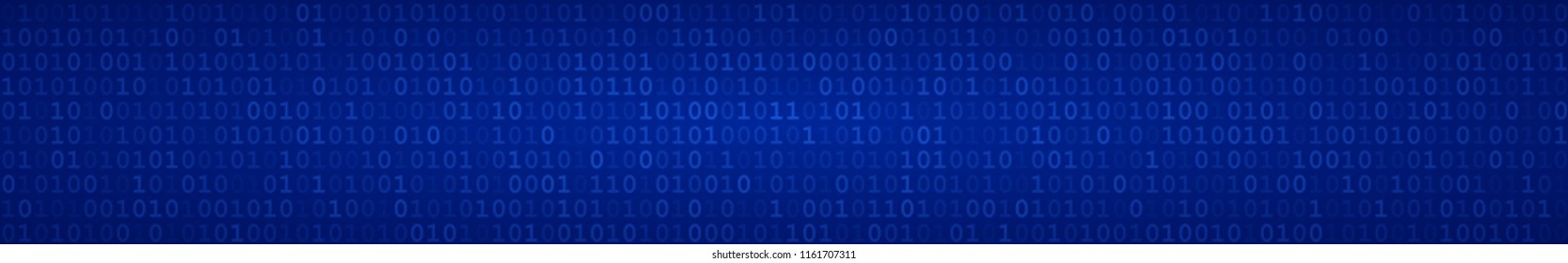 Abstract horizontal banner or background of zeros ad ones in blue colors.