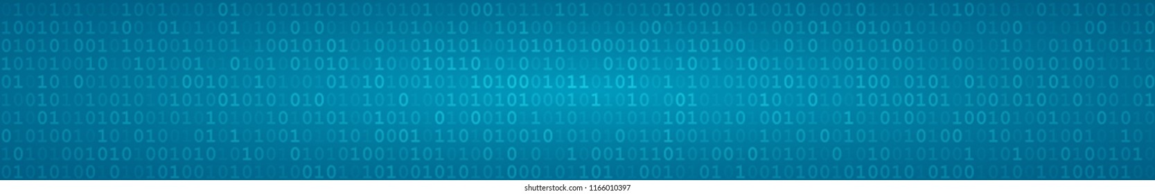 Abstract horizontal banner or background of zeros ad ones in light blue colors.