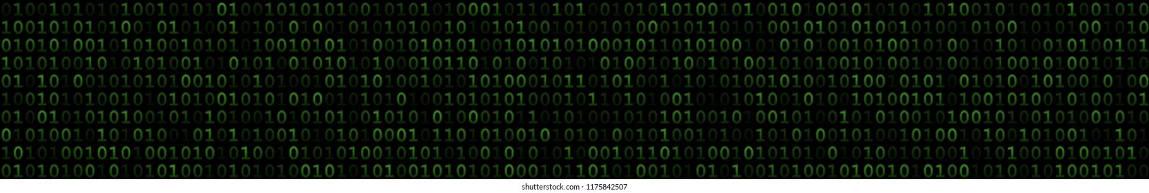 Abstract horizontal banner or background of zeros ad ones in green colors.