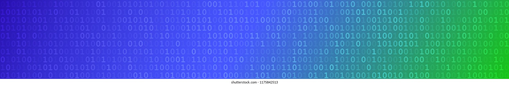 Abstract horizontal banner or background of zeros ad ones in blue and green colors.