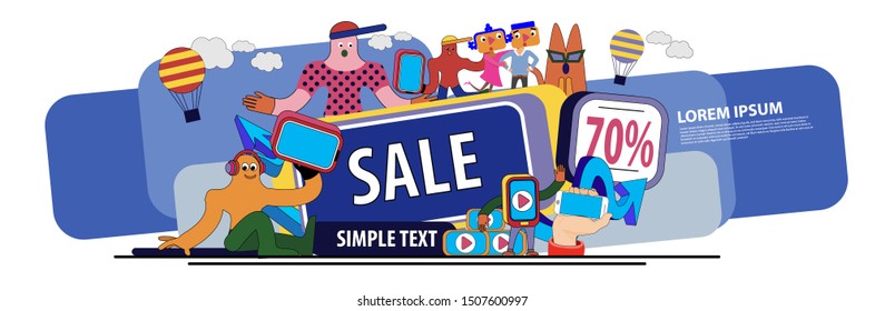 Abstract horizontal banner with cartoon characters for sale in the store. Vector banner