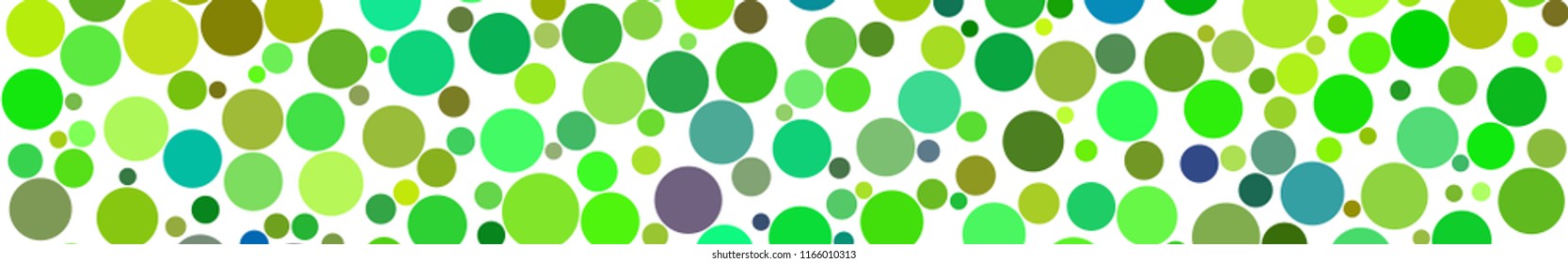 Abstract horizontal banner of circles of different sizes in shades of green colors on white background