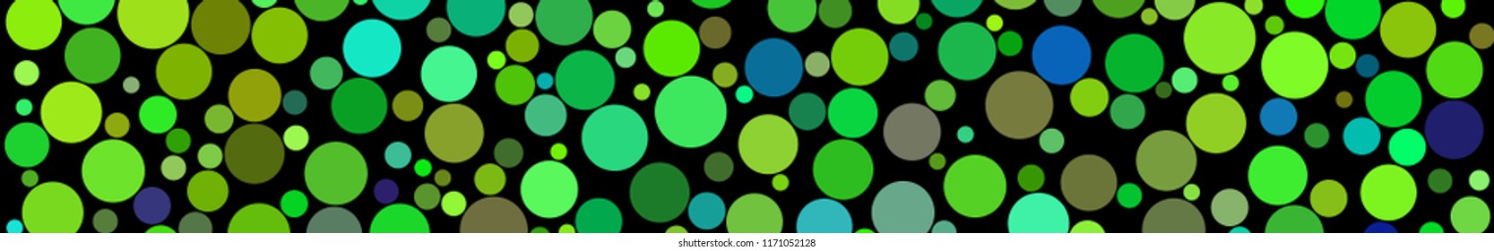 Abstract horizontal banner of circles of different sizes in shades of green colors on black background