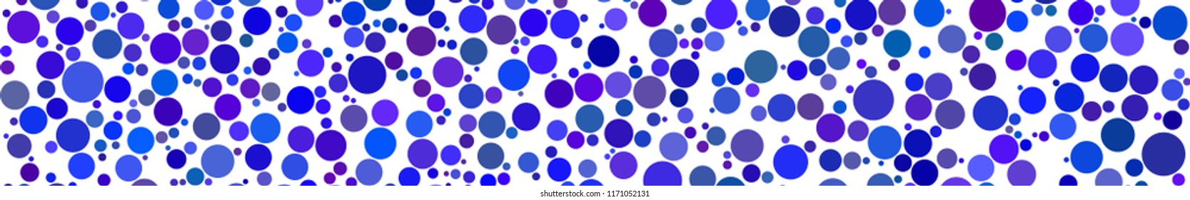 Abstract horizontal banner of circles of different sizes in shades of blue colors on white background