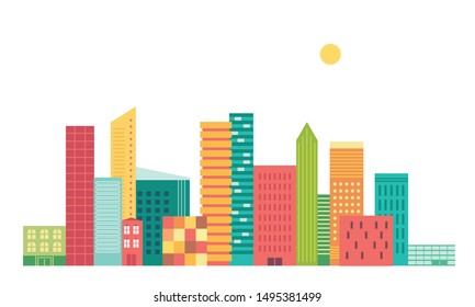 Abstract horizontal banner with city buildings. Town landscape illustration in minimal geometric flat style 