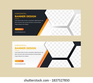 Abstract Horizontal banner design use hexagon shape in space for photo. orange gradient with black and white colors combination. 