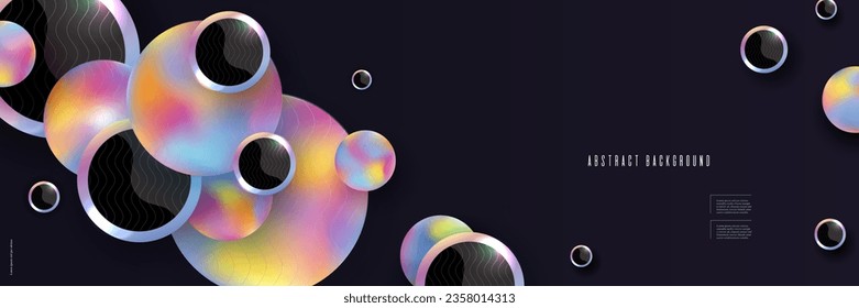 Abstract horizontal banner with falling rainbow and black balls on black background. Vector background for website, poster, cover, banner, flyer, brochure, presentation 