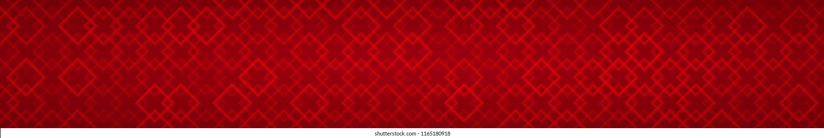 Abstract horizontal banner of intertwined small squares on red background
