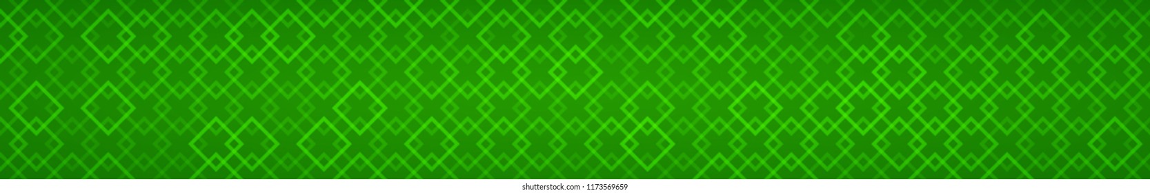 Abstract horizontal banner of intertwined small squares on green background