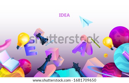 Abstract horizontal banner with planets, geometrical shapes, chess, book, bulb, pencil, paper airplane. Creative thinking concept in 3D style. Brainstorm idea background with copy space.