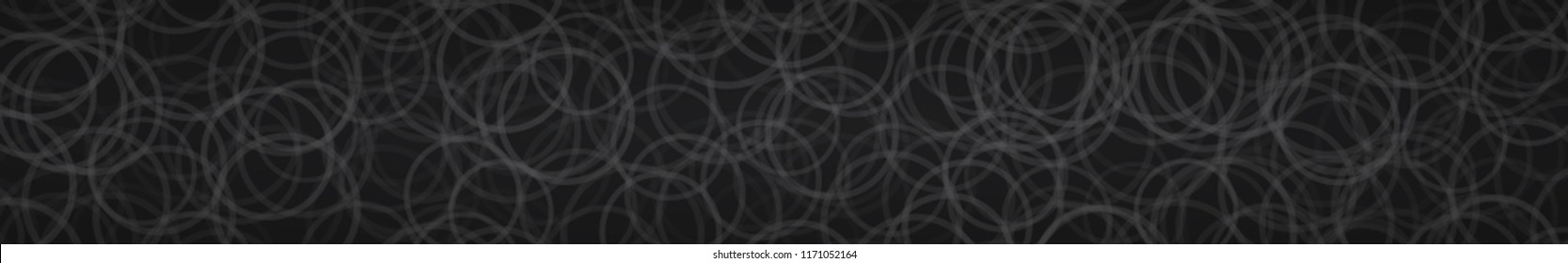 Abstract horizontal banner of randomly arranged contours of circles on black background