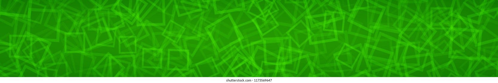 Abstract horizontal banner of randomly arranged contours of squares on green background