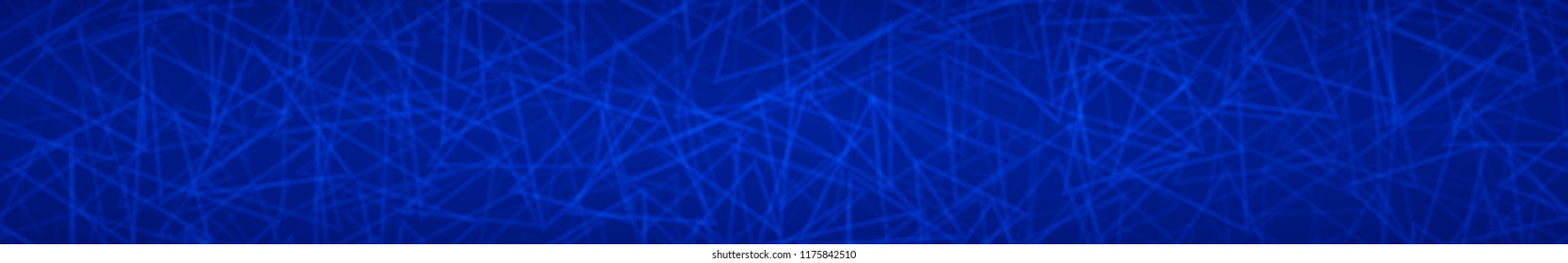 Abstract horizontal banner of randomly arranged contours of triangles on blue background