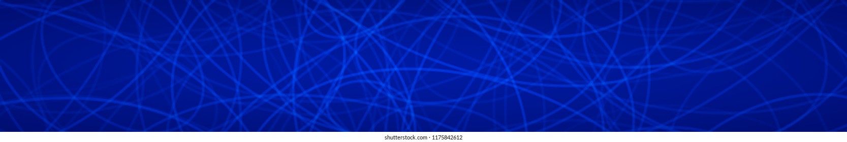 Abstract horizontal banner of randomly arranged contours of elipses on blue background