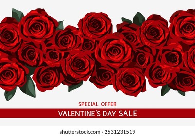  Abstract horizontal banner with red roses and leaves. Decorative floral element for frame design isolated on white background. Valentine day sale design template. Vector stock illustration