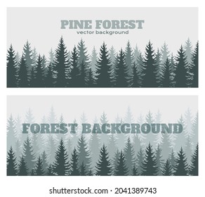 Abstract horizontal banner template with coniferous forest. Spruce evergreen tree isolated on a light background. Postcard, poster, business card, recreation in the forest, tourism.Vector illustration
