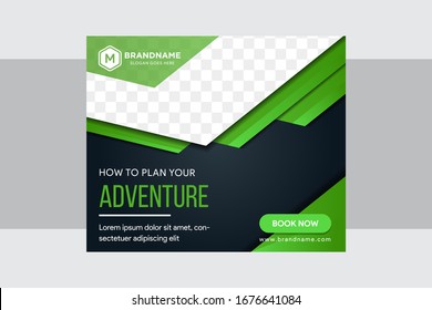 Abstract horizontal banner for web page advertising with space for photo on top. horizontal layout use adventure for sample of text. The colors are light green and black gradient. 