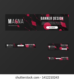 Abstract horizontal banners design set. Wavy shapes with simple colorful figure and zig zag elements. Rhombus, circles and constallation. Eps10 vector. 