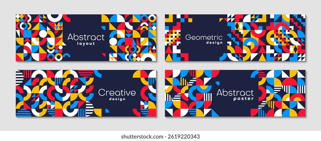 Abstract horizontal banners with modern geometric pattern. Vector set of templates feature vibrant shapes and primary colors red, blue, yellow, white on dark background. Creative, modern flyers, cards