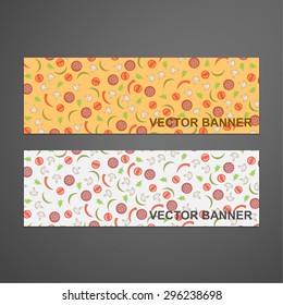 Abstract horizontal banners with sausage, tomato, mushrooms and peppers. Vector illustration. 