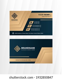 Abstract Horizontal Business Card Template. Combination Gold And Dark Blue Colors On Identity Card. Diagonal Shape For Icon. Modern Visit Card With Square Logo. Vector Visiting Card.