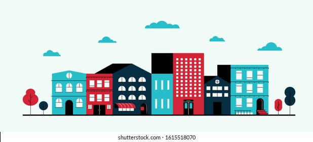 Abstract horizontal city landscape banner. Vector flat simple town block buildings background in geometric style. Cityscape building and trees illustration, minimalistic design template