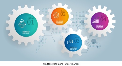 abstract horizontal cog gear wheel infographics presentation element with icons 4 steps vector illustration background