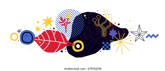 Abstract horizontal composition with geometric and floral elements. Useful for web design, cards, invitations.