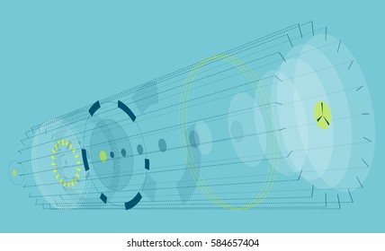 Abstract horizontal composition on blue background. Vague circular composition in isometric perspektive. Subtle vector background composed of circles and ellipses. High-tech transparent mechanic gears