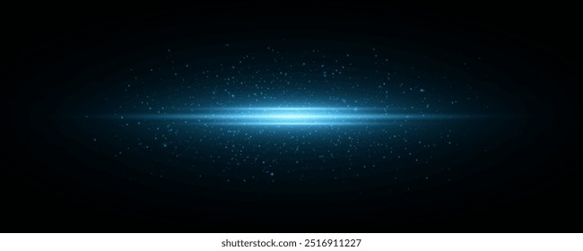 Abstract horizontal flash with sparks into dark space. Sparkling light effect on a dark transparent background. Vector illustration. EPS 10.