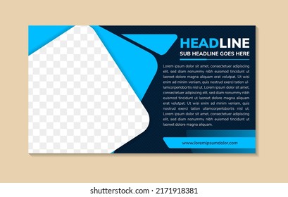 abstract horizontal flyer design template for information of business. dark blue background with bright blue on element. space for photo collage and text.