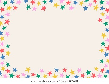 Abstract horizontal frame of bright multicolored stars, confetti on light background, flat style, hand drawn illustration, copy space